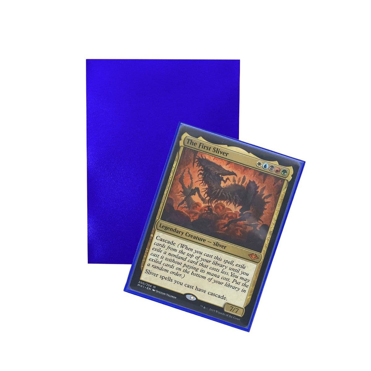 Iridian Matte Sleeves - Blue. standard fit, 100 sleeves per box. back of sleeve with tcg card in sleeve