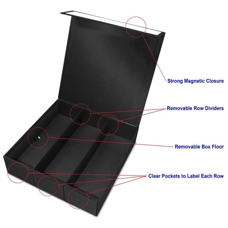 BCW Card Game Box - 3 Row - Black with White, Strong Magnetic Closure, Removable Row Dividers, Removable Box Floor, and Clear Pockets to Label each row