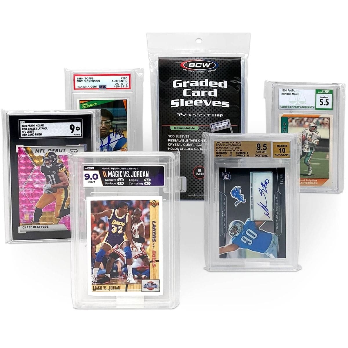 BCW Resealable Graded Card Sleeves packaging grouped with sleeved graded cards