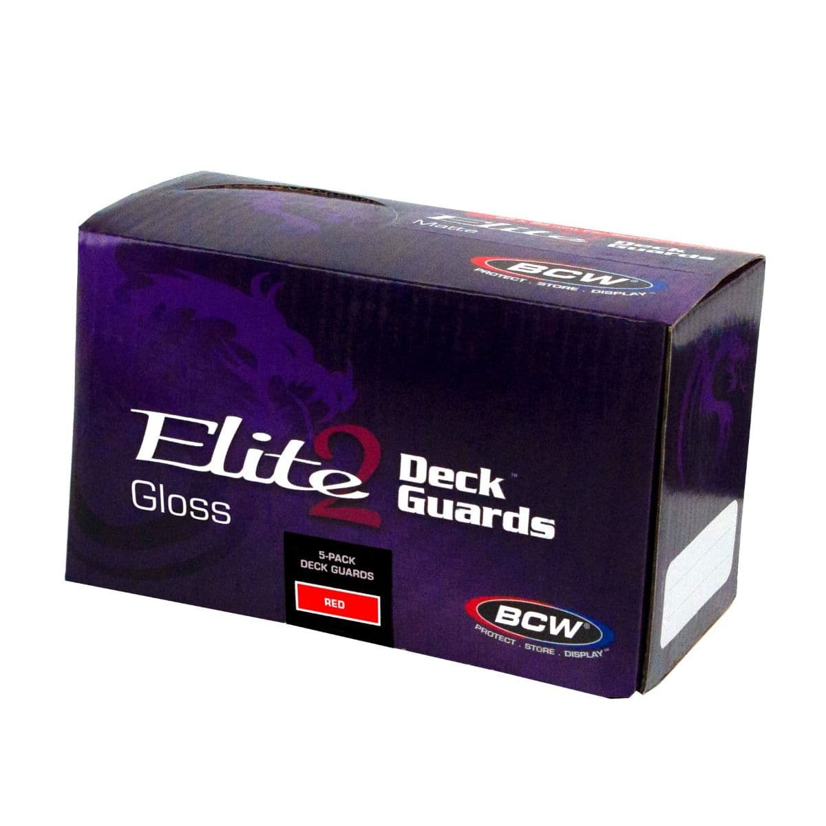 One box of 5 packs of BCW Deck Guard Elite2 in red. The lid of the box is closed.