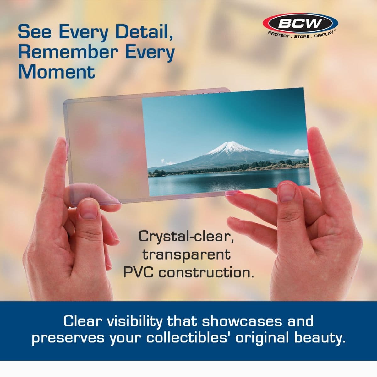 Infographic: Hands hold a BCW 3" x 5" toploader with a scenic photo partially inserted, highlighting crystal-clear transparent PVC that preserves sharp image quality while protecting photos, prints, and keepsakes.