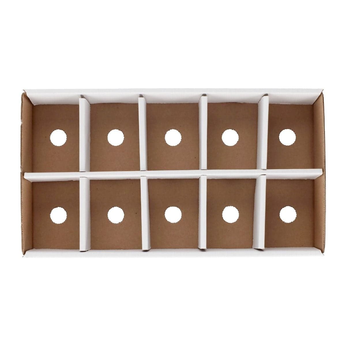 Top-down view of the empty BCW Sorting Tray Storage Box showing 10 divided compartments with built-in finger holes in each cell for easy card removal and organized separation of trading cards.