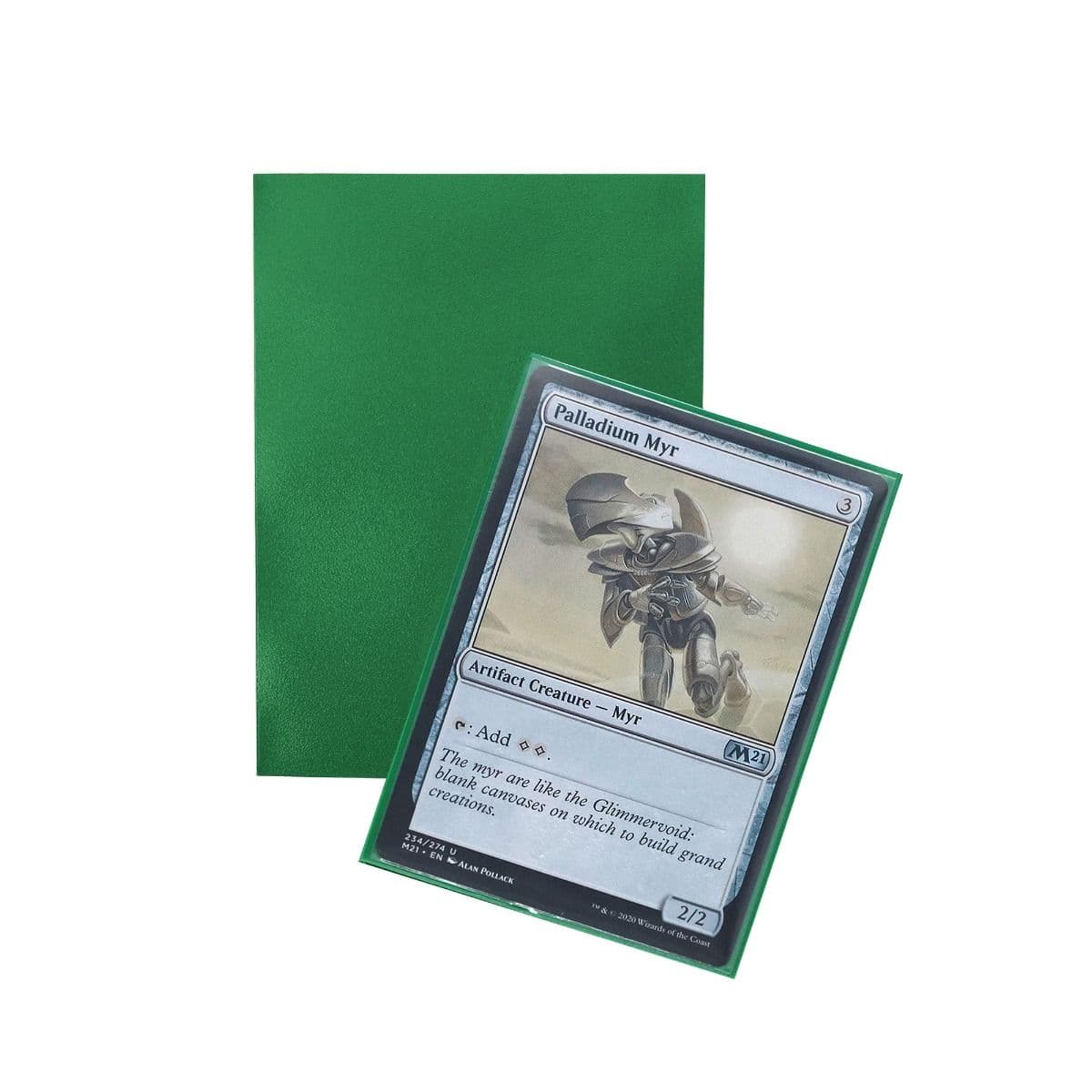 Iridian Matte Sleeves - Green. standard fit, 100 sleeves per box. sleeved tcg card in front of back of sleeve