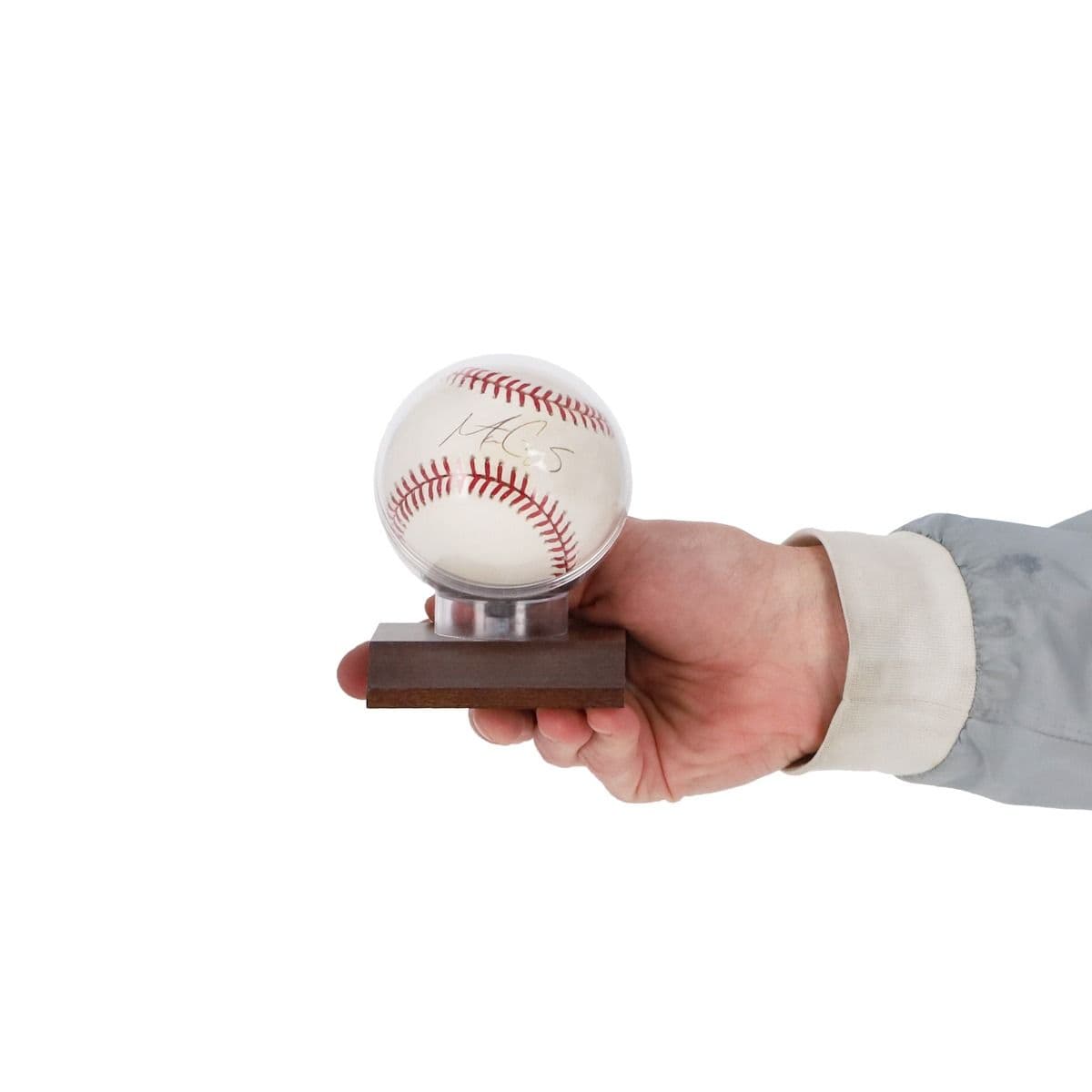 BCW Woodbase Baseball Holder with baseball in hand
