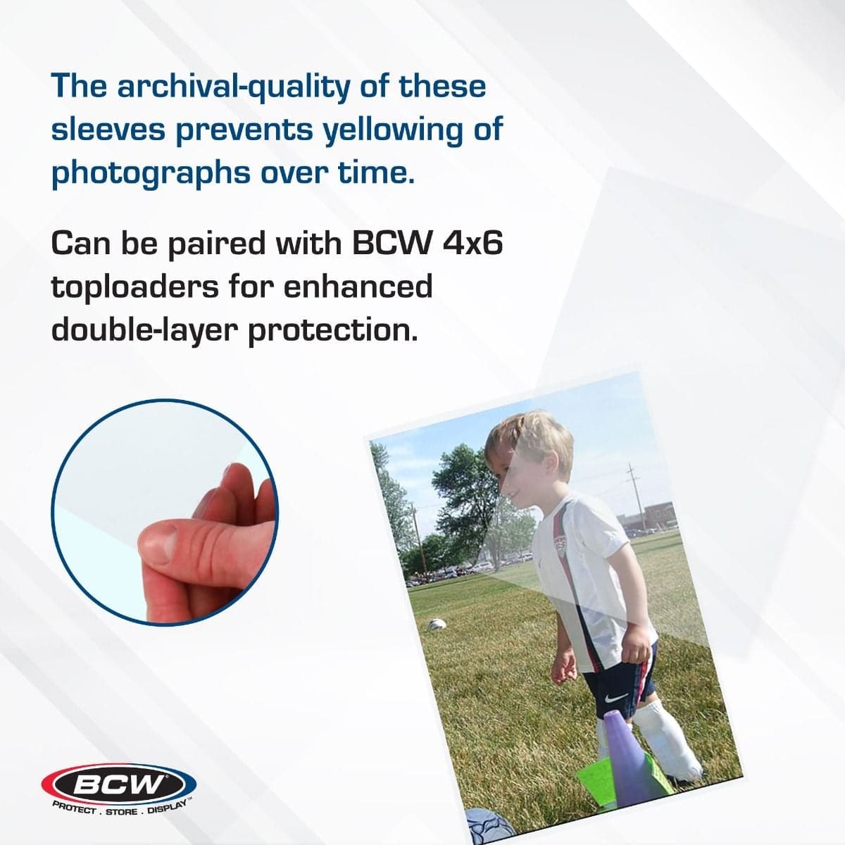 BCW Photograph Sleeves 4" x 6" 100 sleeves Infographic - "The archival-quality of these sleeves prevents yellowing of photographs over time." "Can be paired with BCW 4x6 toploaders for enhanced double-layer protection"