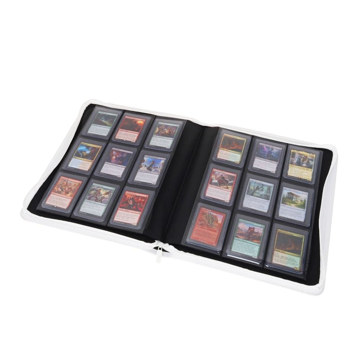 BCW Z-Folio 9-Pocket LX Album - Toploaders - White opened, angled, full of magic cards in toploaders