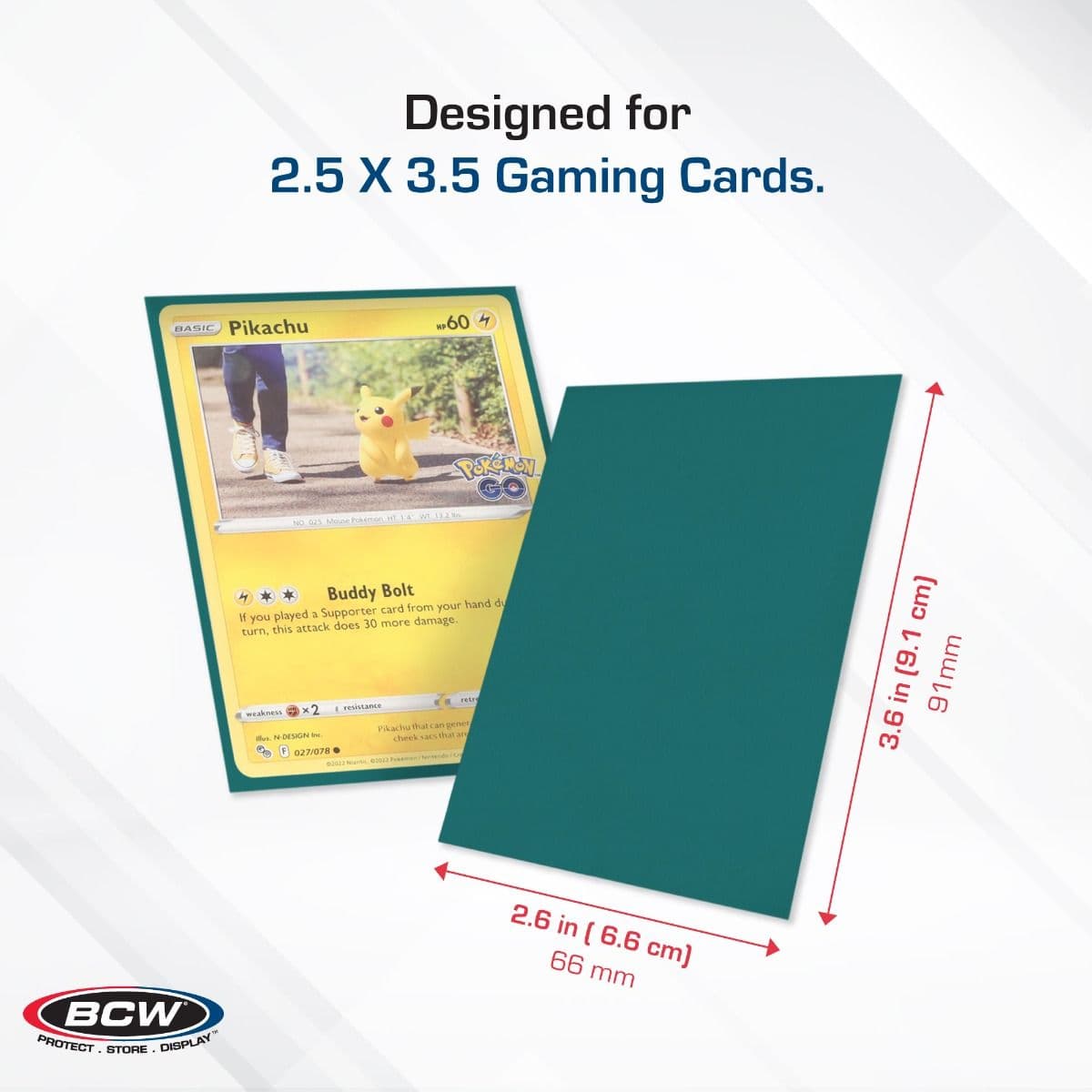BCW Deck Guard - Double Matte - Teal infographic, specs and measurements, Designed for 2 1/2" x 3 1/2" Gaming Cards.