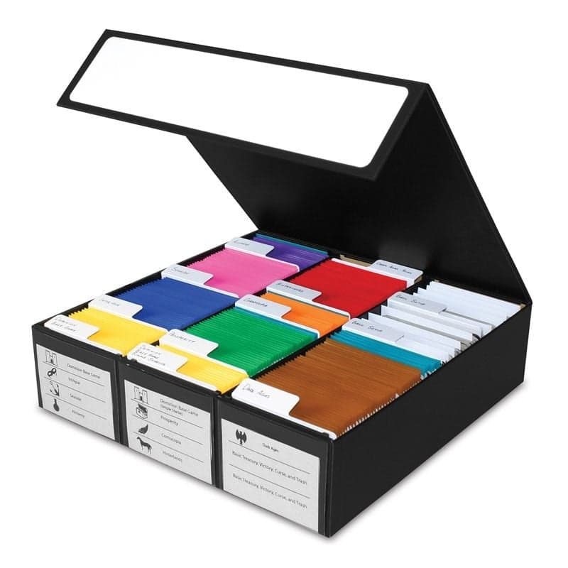 BCW Card Game Box - 3 Row - Black with White open and showing cards in several different colors of deck guards with horizontal dividers.