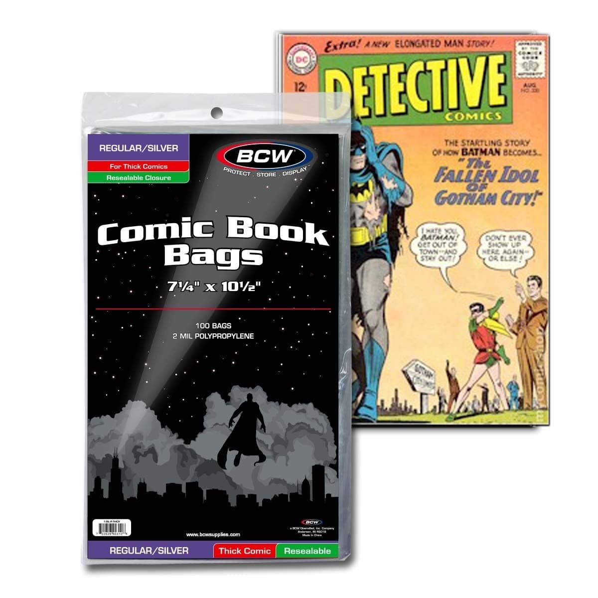 Package of BCW Resealable Silver Age Thick Comic Book Bags over single comic in bag