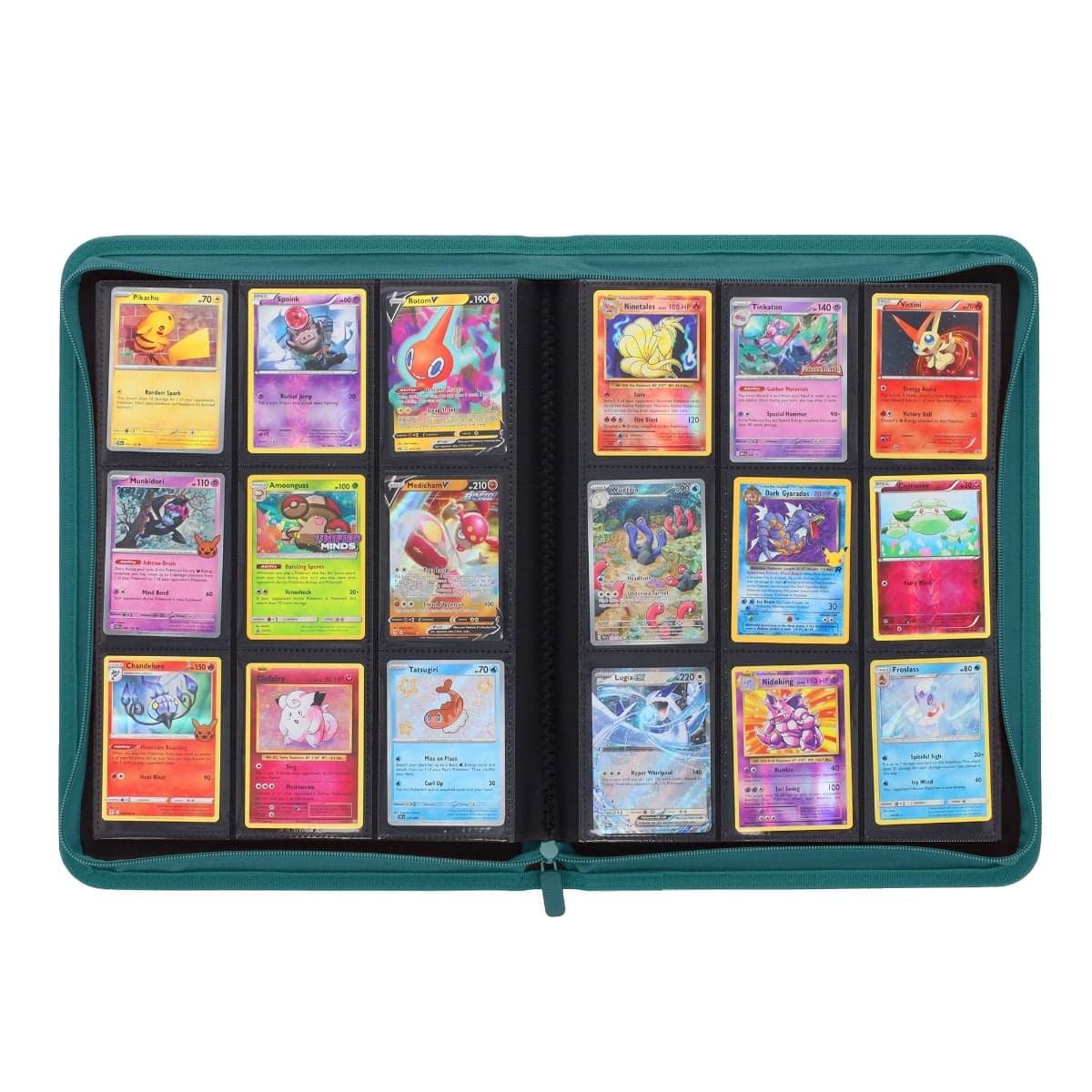 BCW Z-Folio 9-Pocket Album - Teal, inside view of middle fold of binder, full of pokemon cards to showcase it's storage capabilities