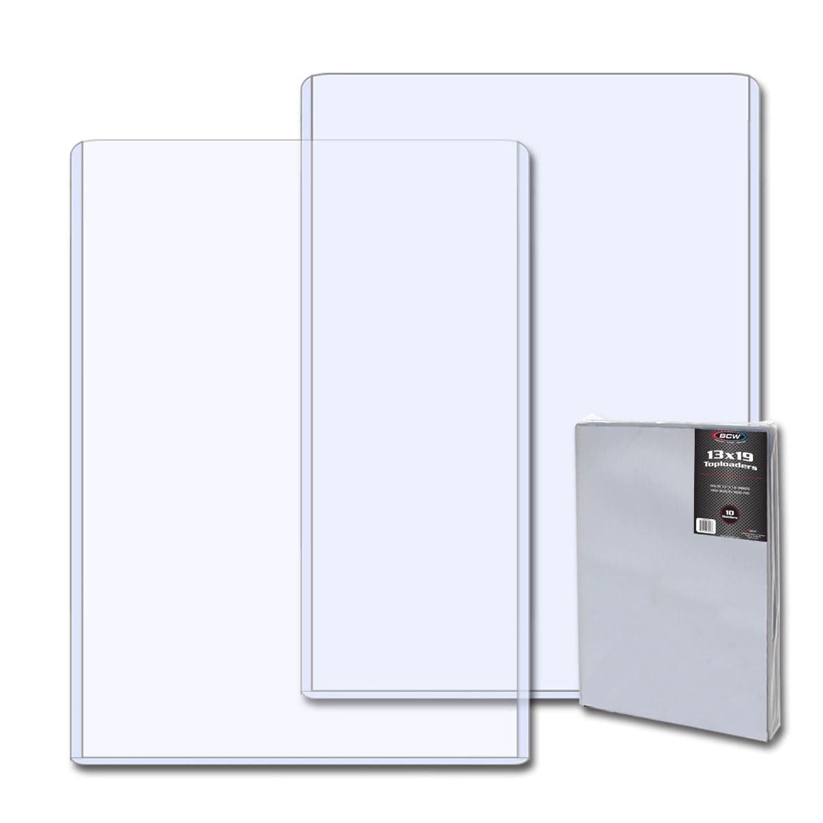 Two BCW 13 by 19 inch Topload Holders behind package of BCW 13 by 19 inch Topload Holders