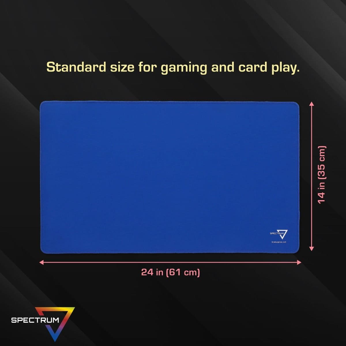 Infographic: Standard Size for gaming and card play, Black mat laid out with dimensions listed.