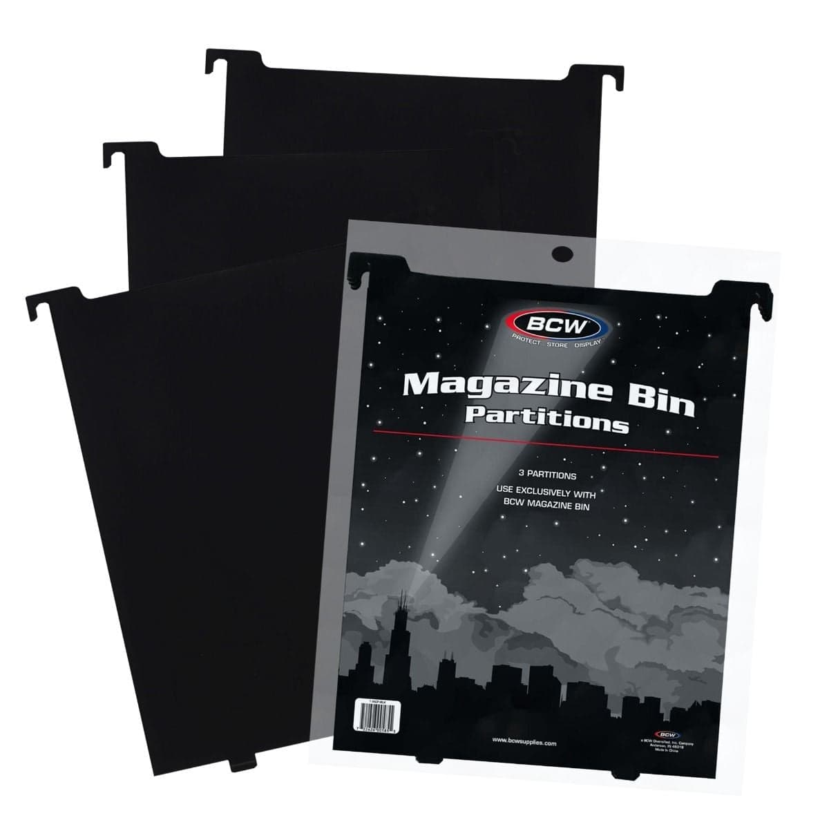 BCW Magazine Bin Partitions set featuring three black custom-fit divider panels with retail packaging for organizing magazine and document storage bins.
