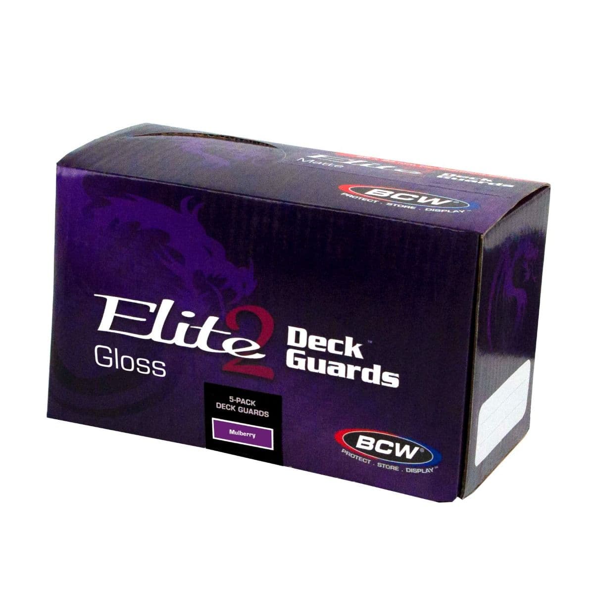 One box of 5 packs of BCW Deck Guard Elite2 in mulberry. The lid of the box is closed.