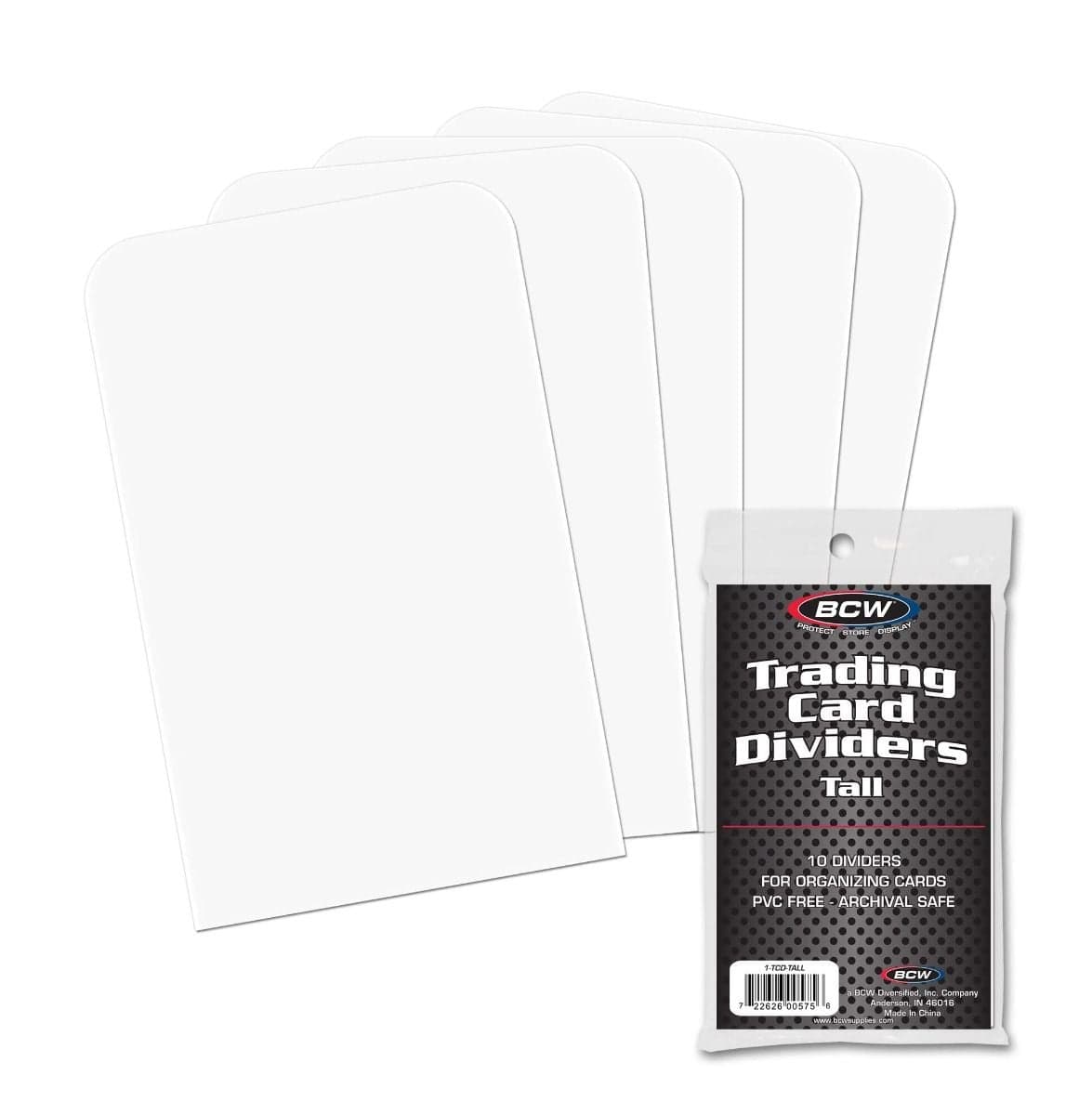 Package of BCW tall trading card dividers over spread of card dividers