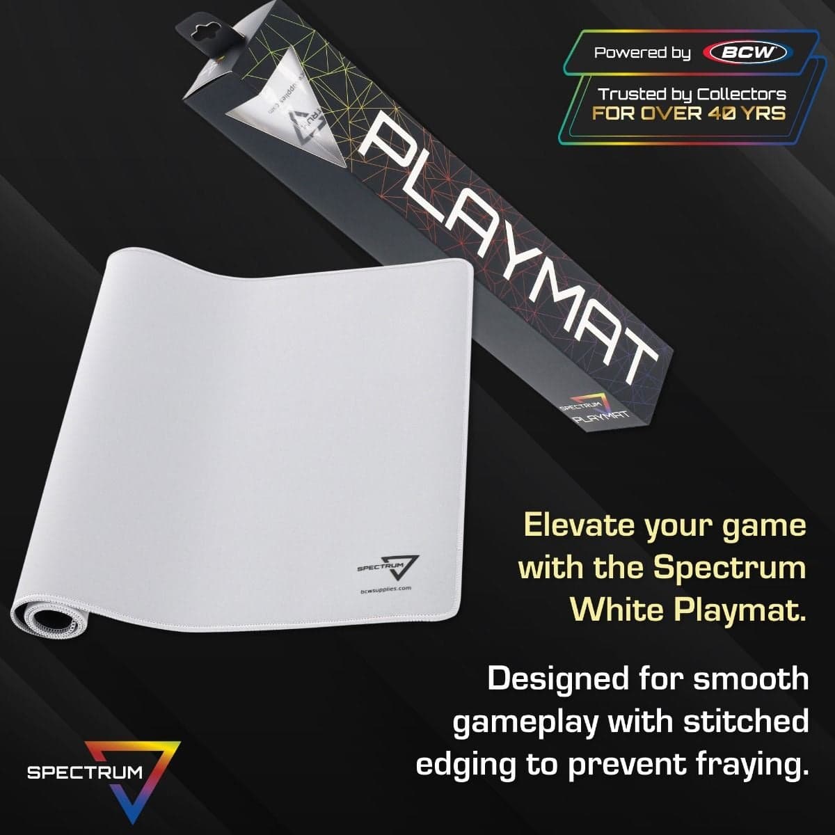 Infographic: Elevate your game with the Spectrum White Playmat. Designed for smooth gameplay with stitched edging to prevent fraying.