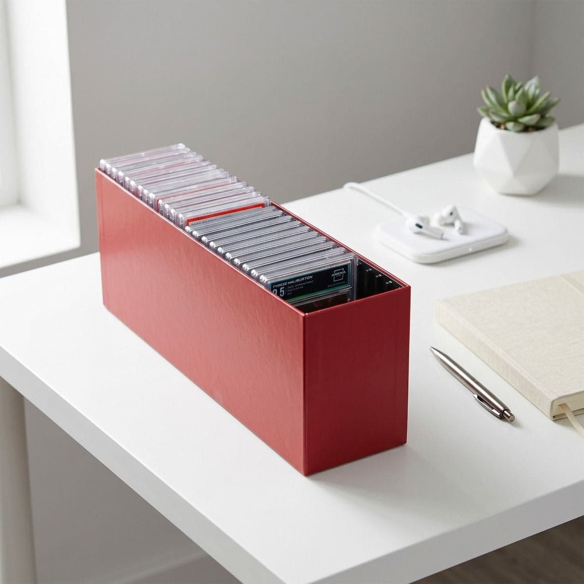 BCW Slotted Graded Card Storage Box filled with graded trading card slabs on a clean desktop, demonstrating an organized storage solution that keeps up to 26 PSA, CSG, CGC, and PCG graded slabs protected, visible, and easy to access.