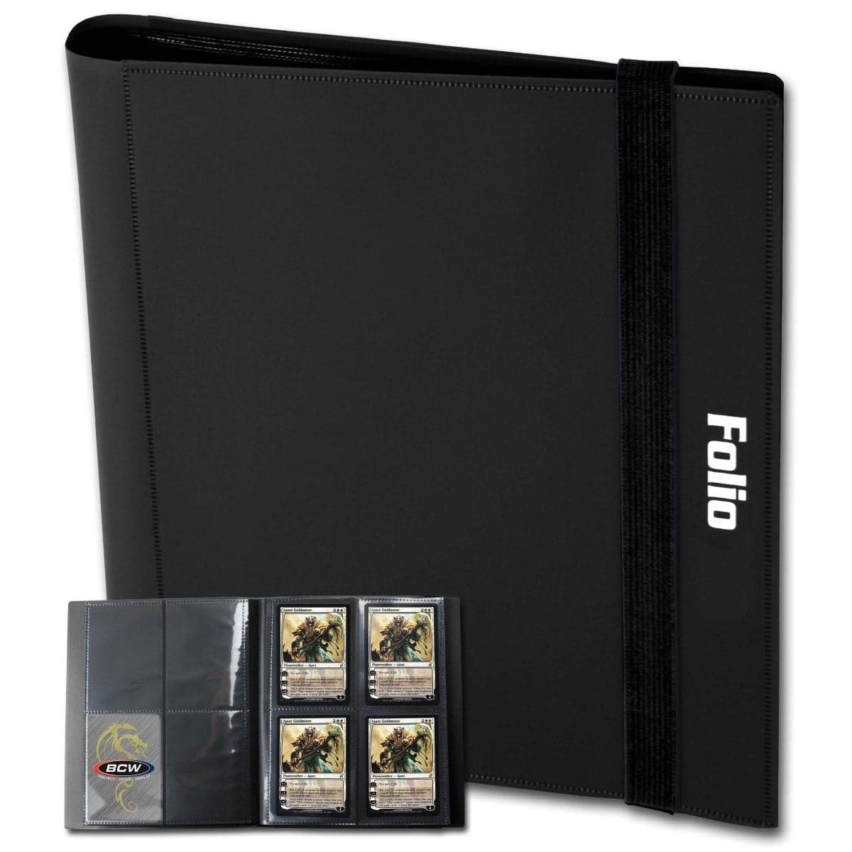 One black BCW 4 pocket folio with a smaller image of the folio open with cards inside.