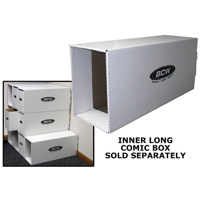 BCW long comic box house over image of several stacked, with text reading "Inner long comic box sold separately"
