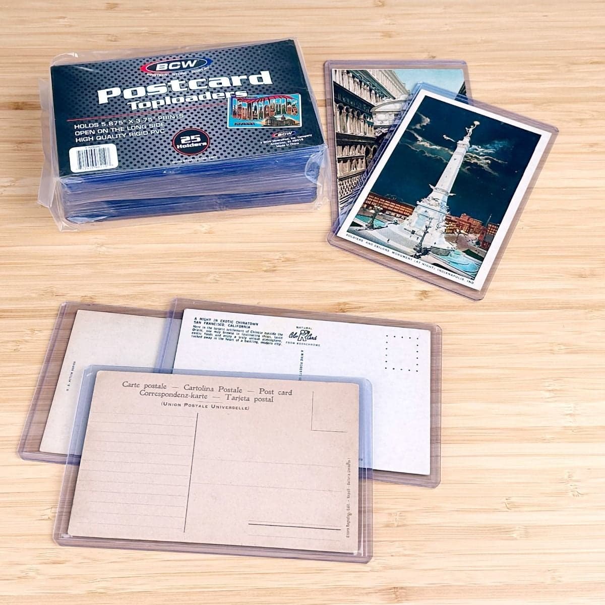 Package of BCW Postcard Topload Holders. Post cards in toploaders