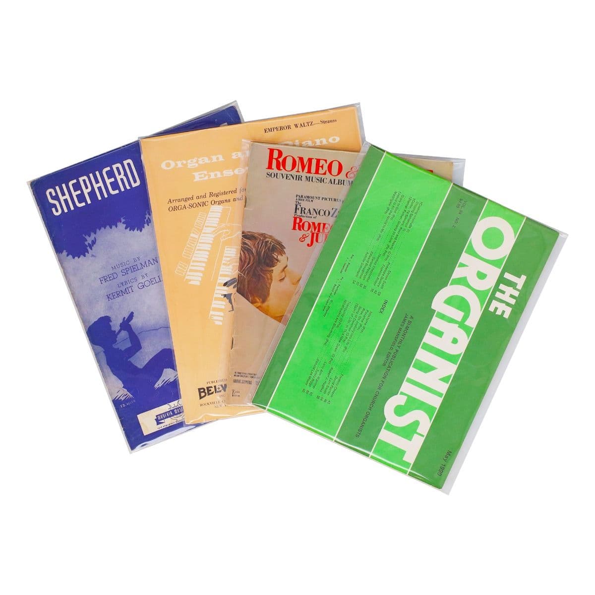 BCW Sheet Music Bags, Display of bagged sheet music fanned out.