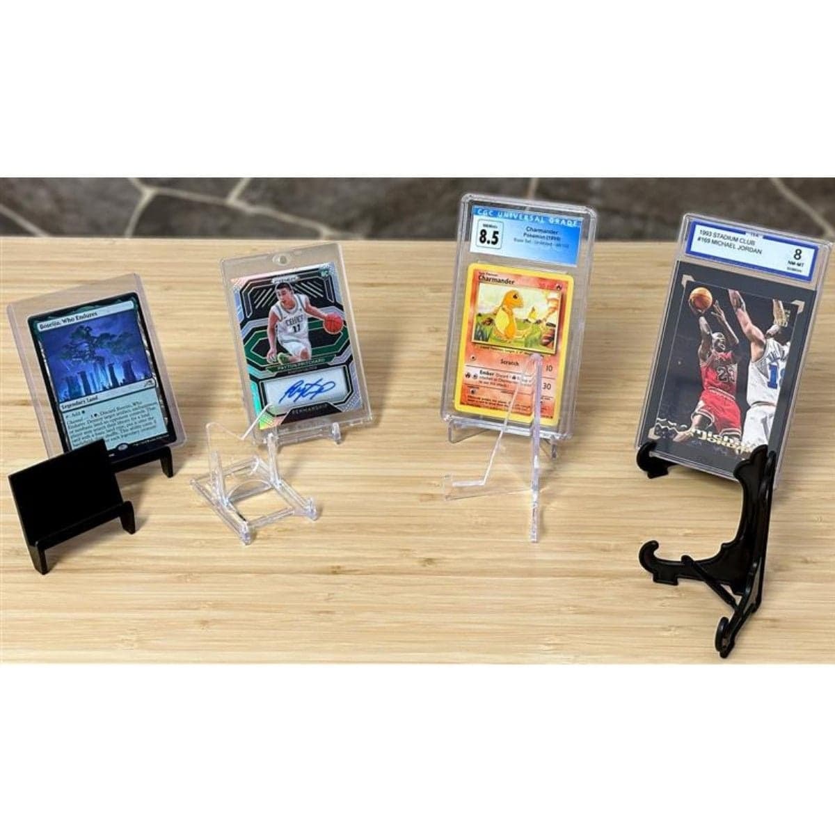 ProMold Card Holder Stand with BCW 2-piece stand, small stand and foldable black stand
