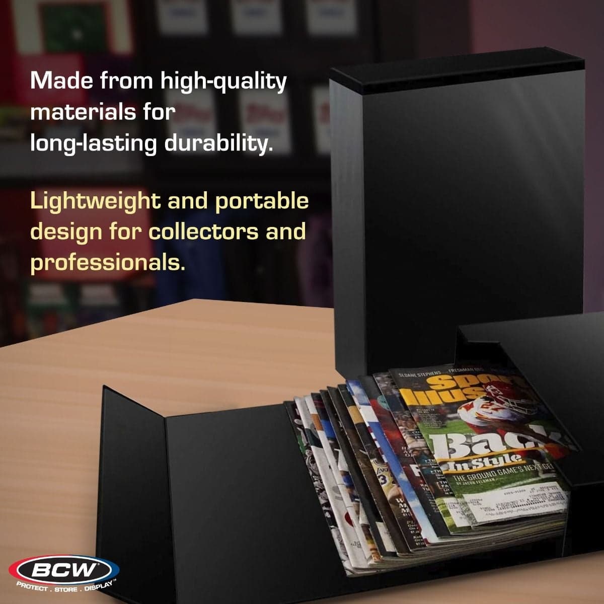 Infographic: BCW StorFolio binder displayed with magazines partially inserted, highlighting its durable construction and lightweight, portable design for protecting, storing, and transporting magazines, gaming books, and manuals.