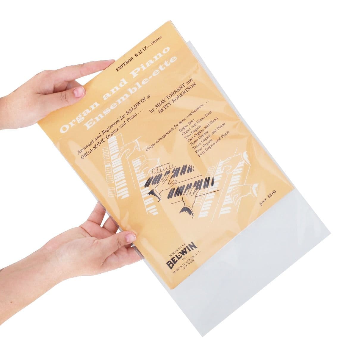 BCW Sheet Music Bags, Hand inserting another piece of sheet music into a bag.