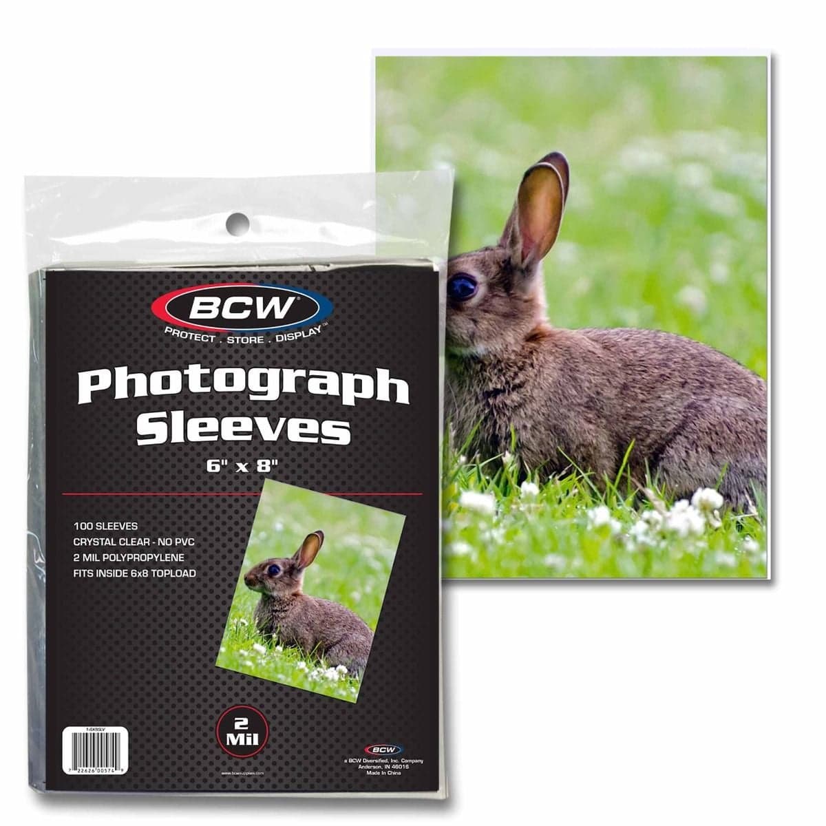 One package of BCW 6x8 Photo Sleeves in front of 6x8 photo in sleeve