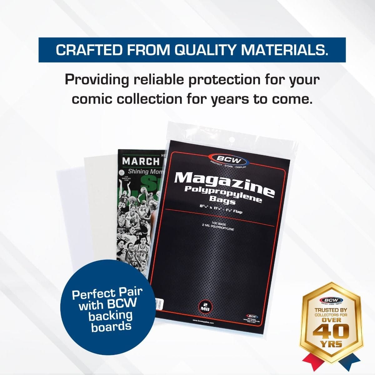 Infographic: BCW magazine polypropylene bags paired with backing boards provide long-lasting protection for comic collections and are trusted by collectors for over 40 years.