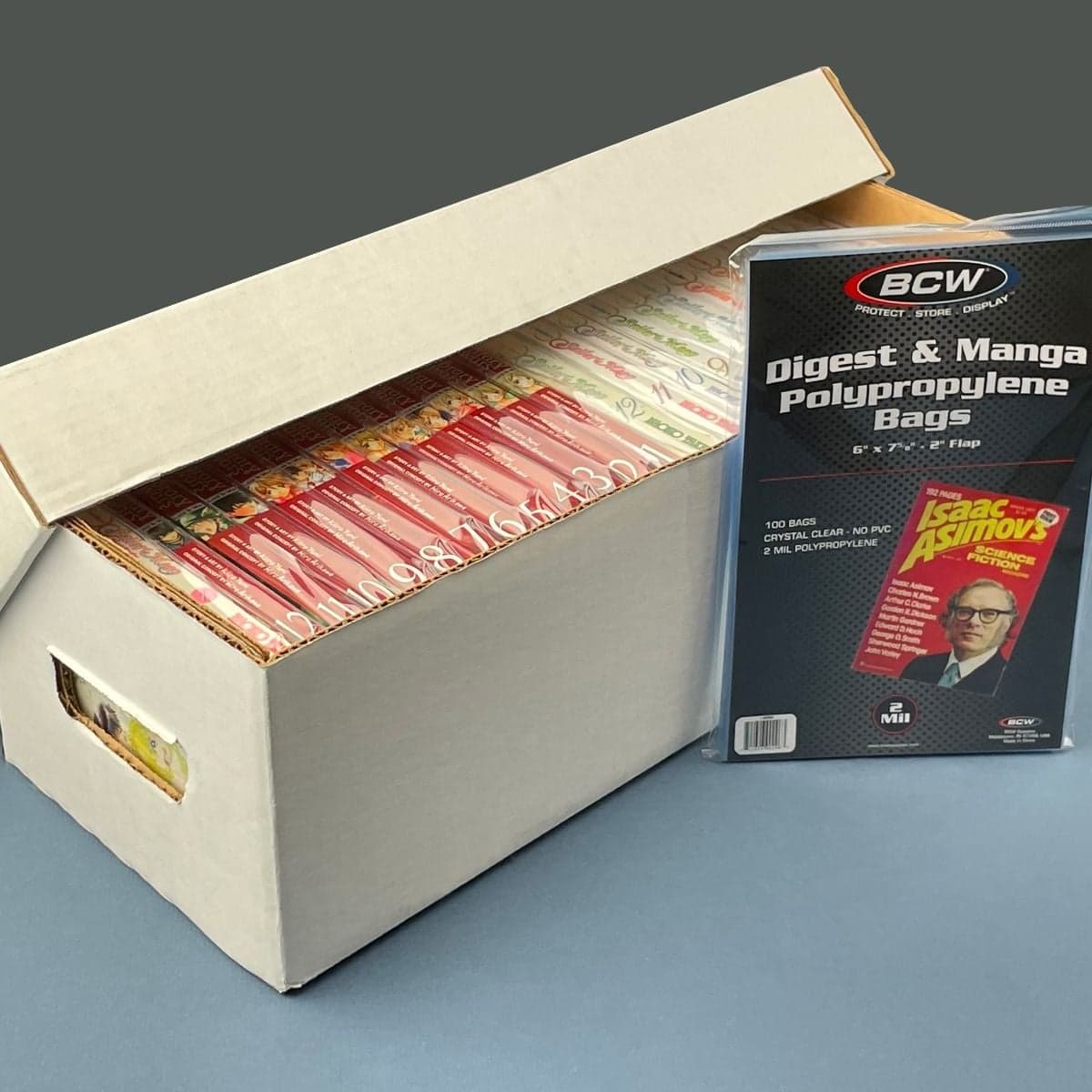 BCW Digest & Manga Bags, displayed storing manga books inside of a BCW Media Storage Box.