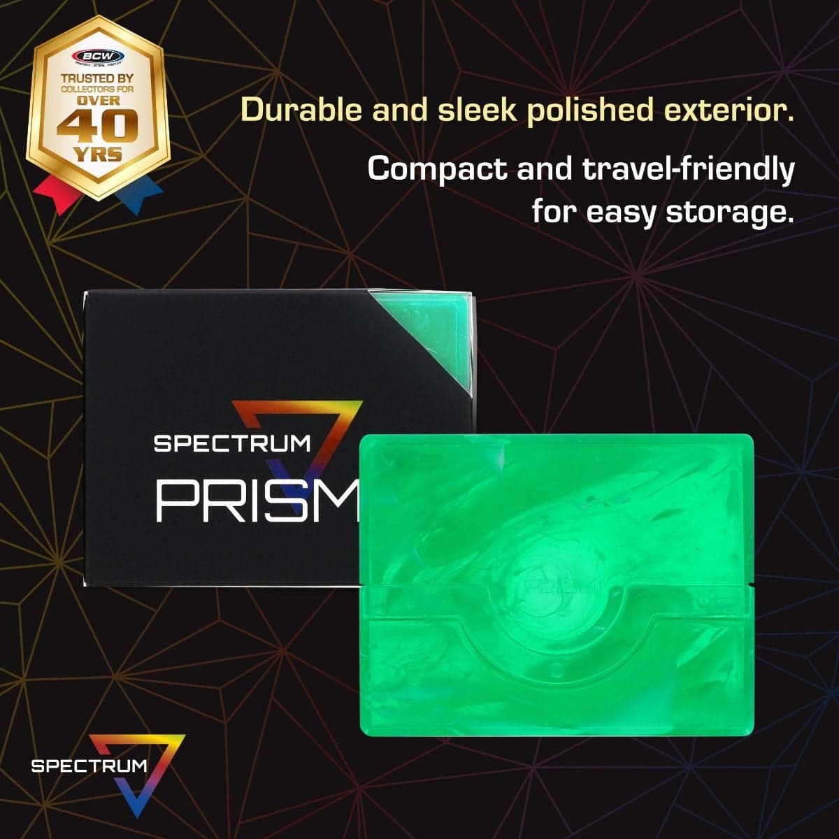 Spectrum Prism Deck Case - 50 CT - Jade Green infographic, Durable and sleek polished exterior. Compact and travel-friendly for easy storage.