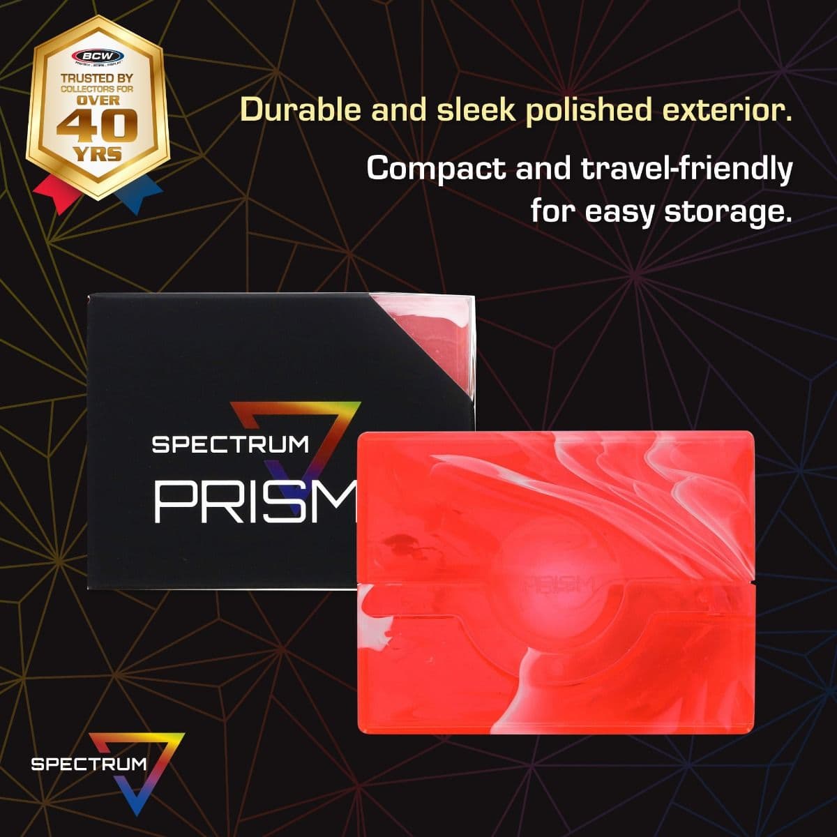 Spectrum Prism Deck Case - 50 CT - Carnelian Red infographic, Durable and sleek polished exterior. Compact and travel-friendly for easy storage.