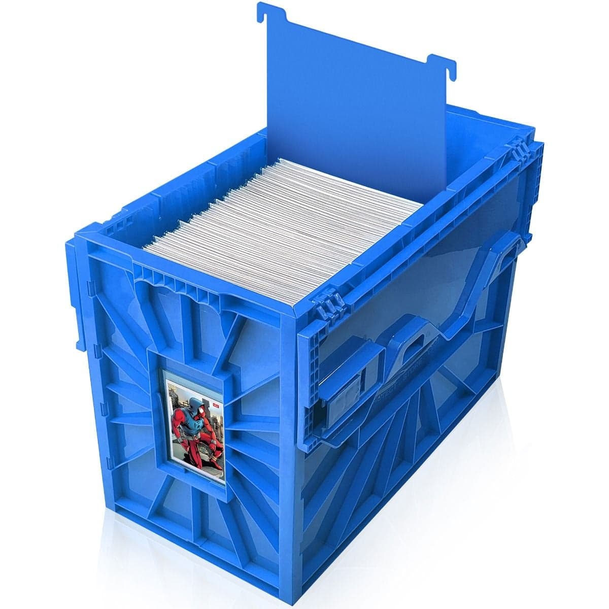 Open BCW Blue comic book short bin with comics, lid up