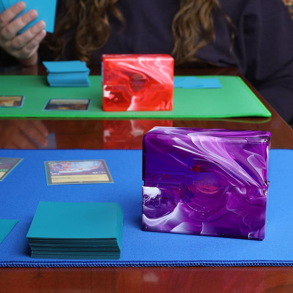 Prism Deck Case - 50 CT - Charoite Purple, showcased on a playmat during a game of Lorcana