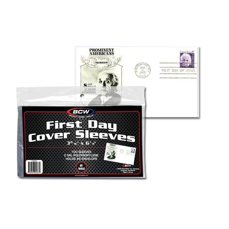 BCW First Day Cover Sleeve behind package of BCW First Day Cover Sleeves