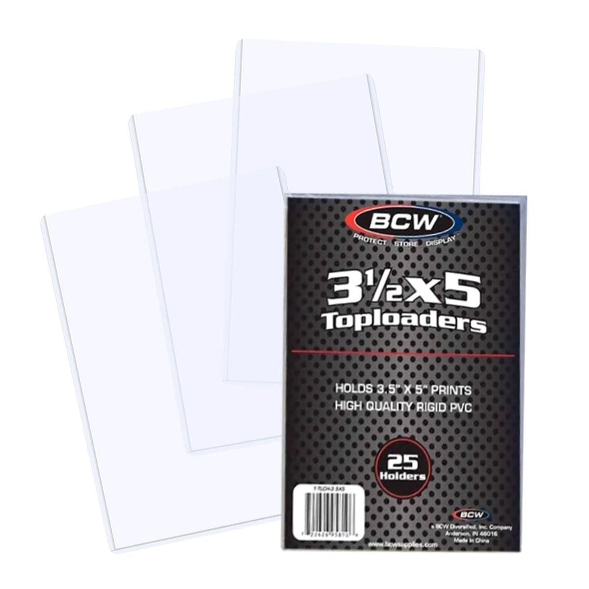 Pack of BCW 3.5 x 5 toploaders shown with three clear rigid PVC holders designed to protect and display 3.5 x 5 prints and photos.