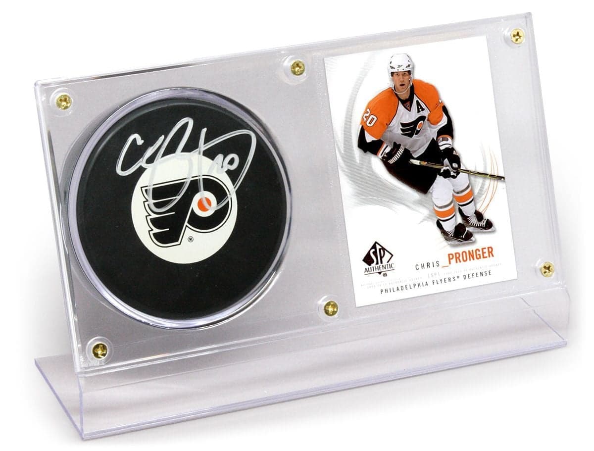 Angled image of BCW Puck and Card Holder with puck and card inside
