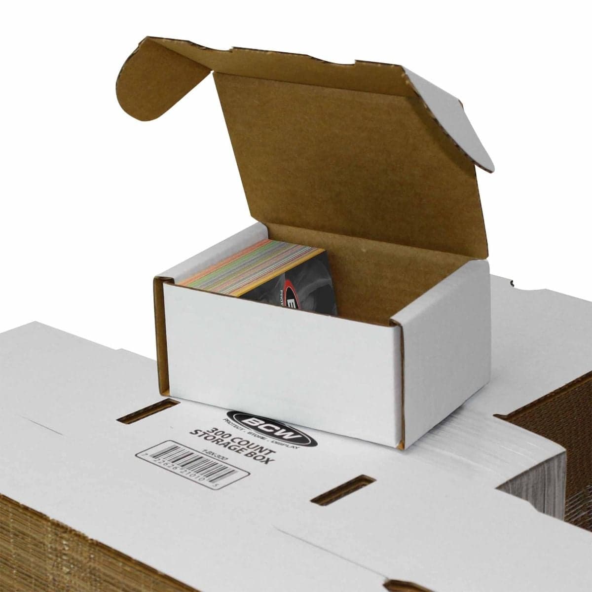BCW 100 count box partially filled with cards over bundle of boxes