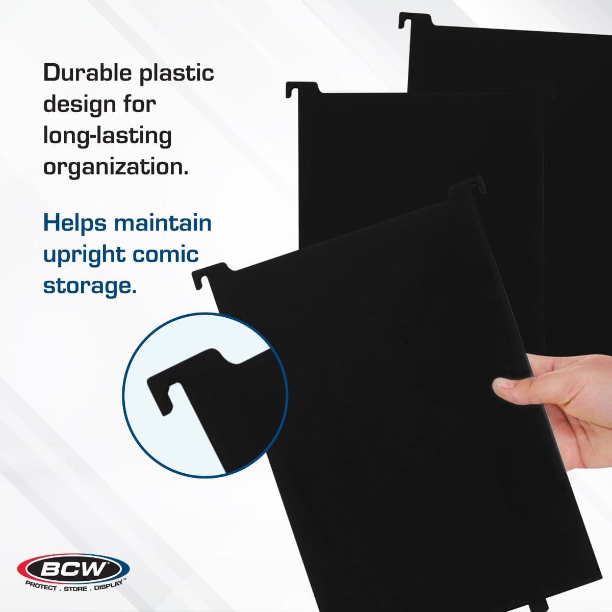 BCW Graded Comic Book Bin Partitions - Black infographic, Durable plastic design for long-lasting organization. Helps maintain upright comic storage.