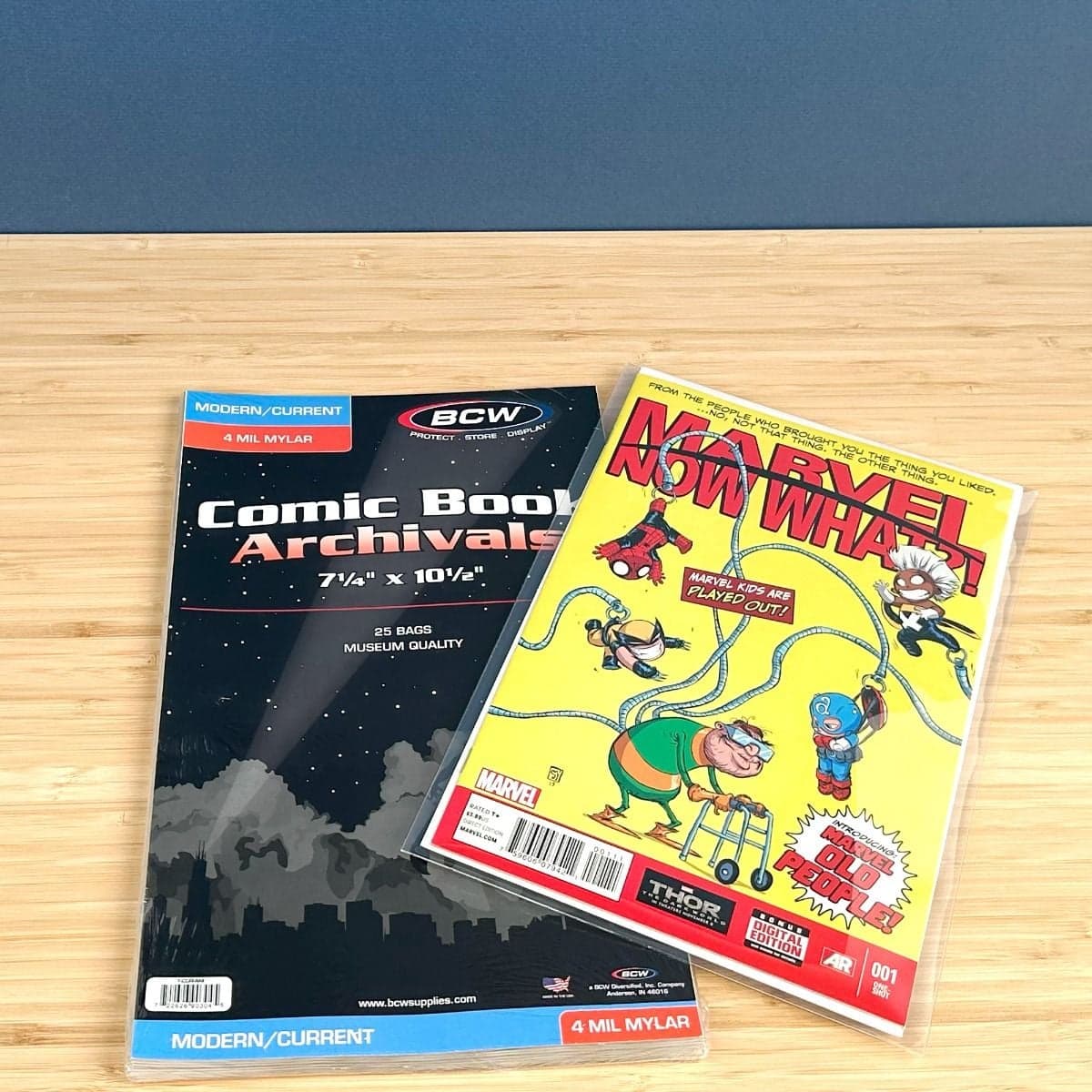 BCW Current/Modern Comic Mylar Archivals - 4 MIL. 50 bags packaging with comic in bag on display