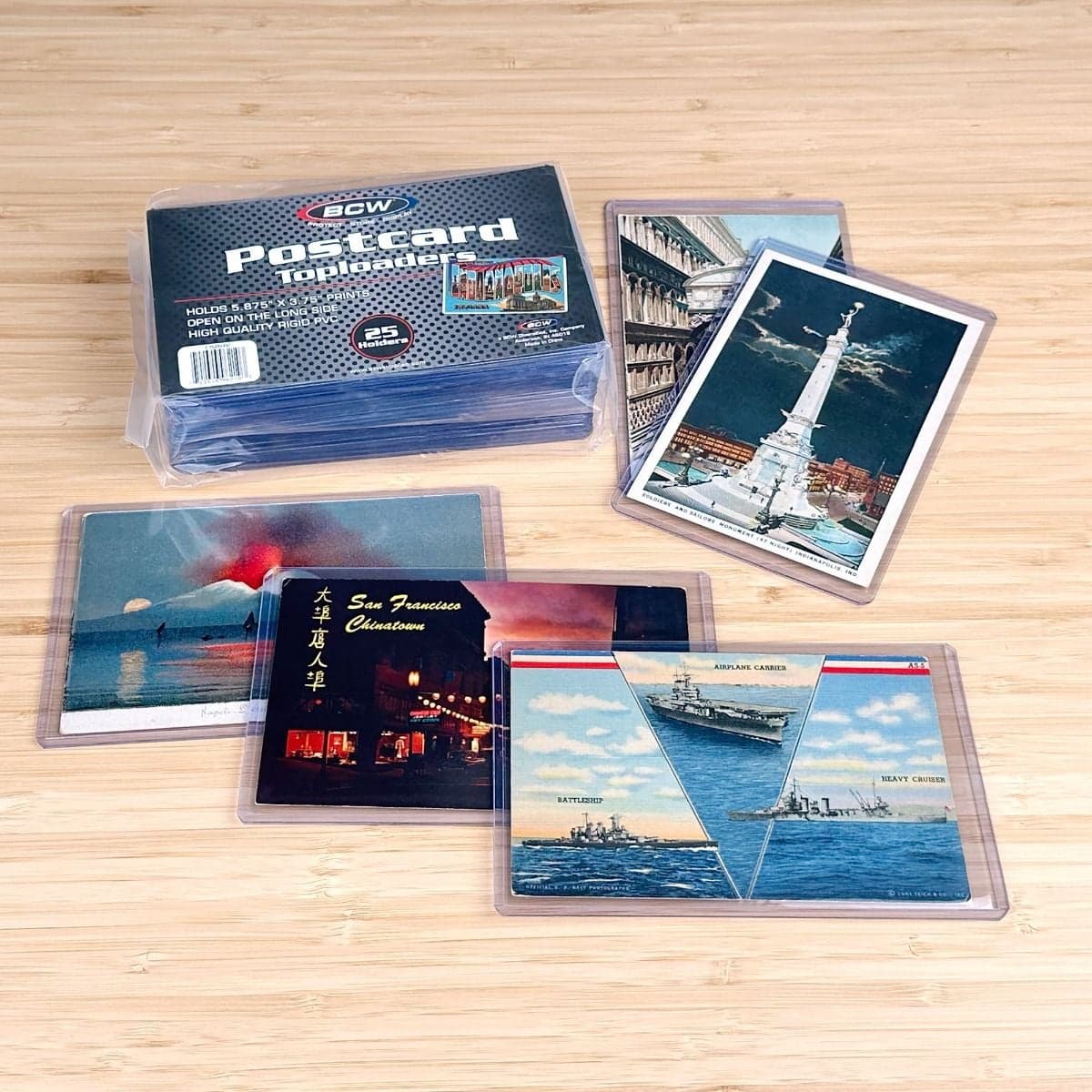 Package of BCW Postcard Topload Holders. Post cards in toploaders