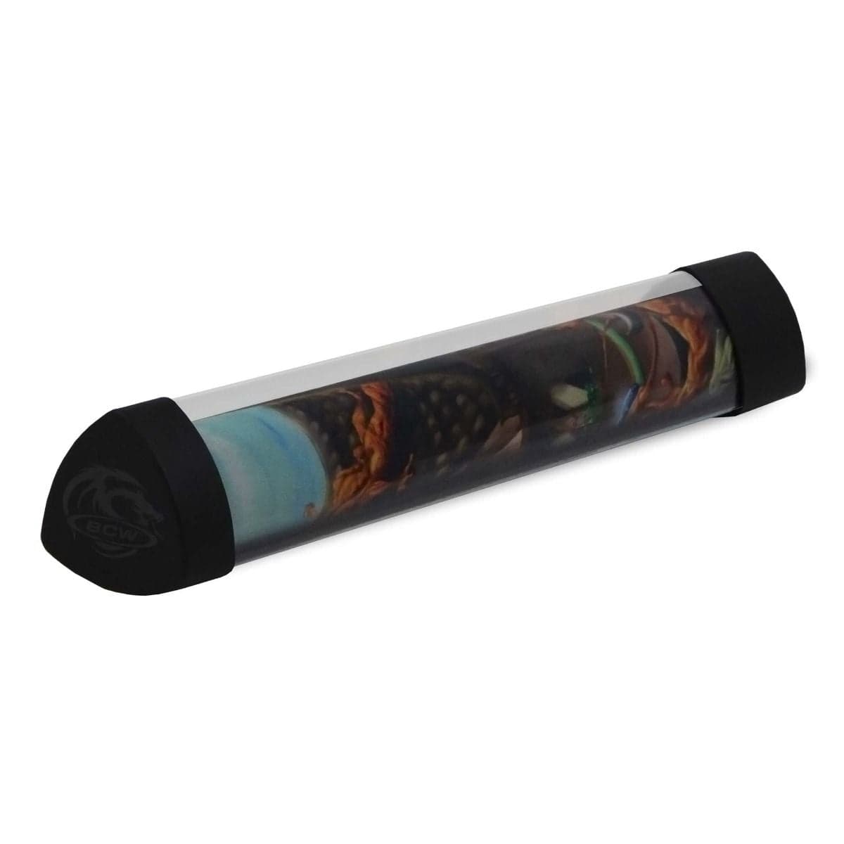BCW Playmat tube with black dice cap with playmat inside