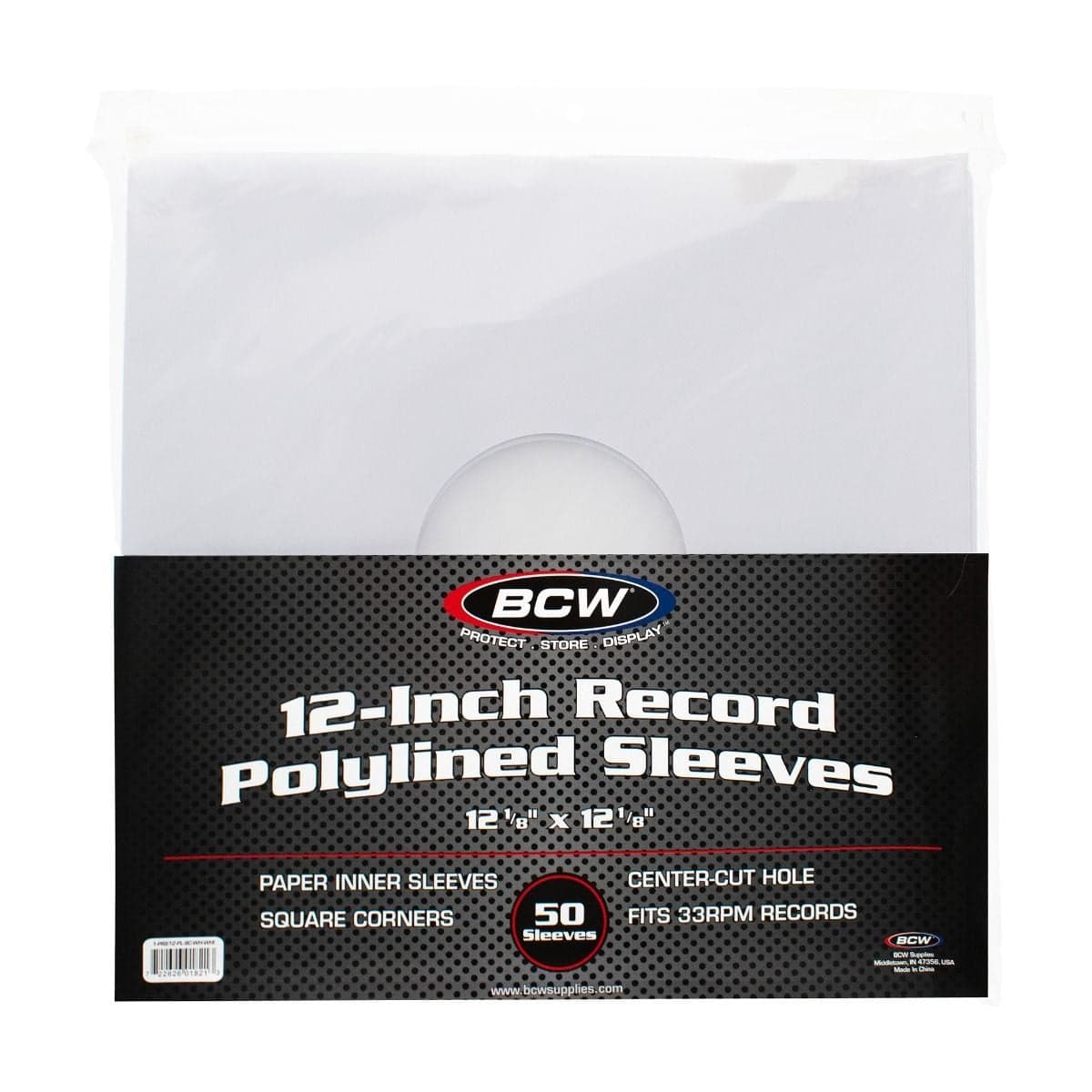 12-Inch Record Paper Inner Sleeves - Polylined - With Hole - White, packaging, 50 sleeves per pack