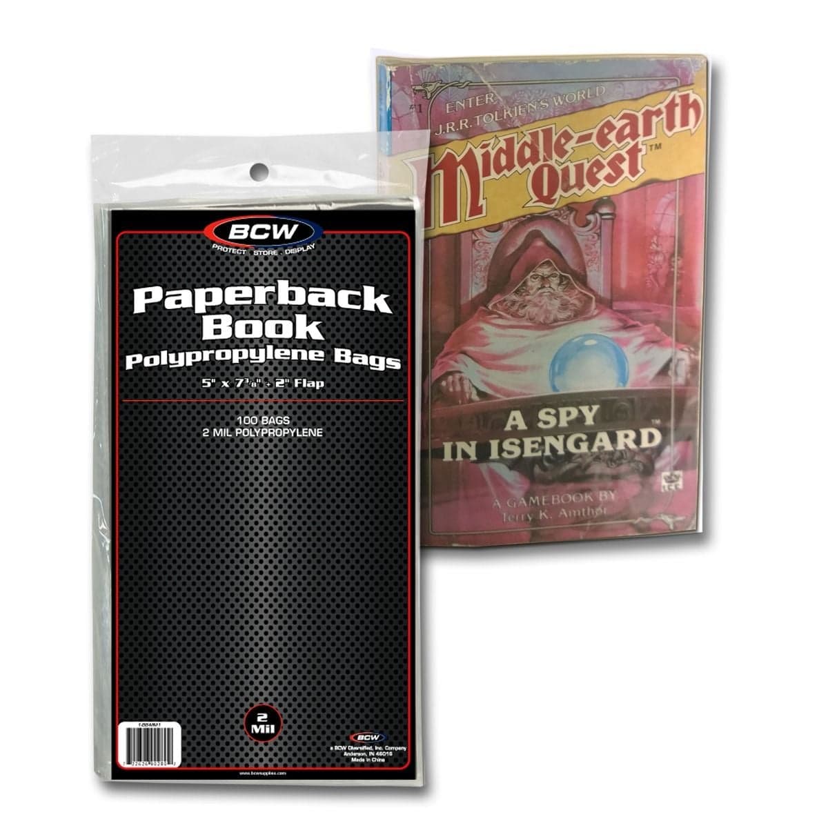 Package of BCW Paperback Book Bags in front of book in bag