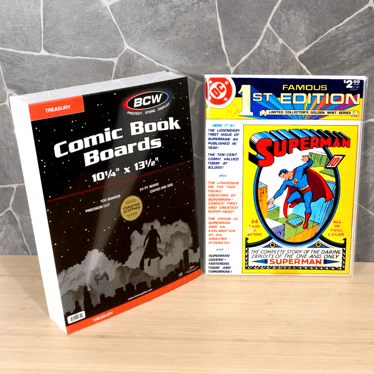 Package of BCW Treasury Comic Book Boards with superman comic book bag and boarded