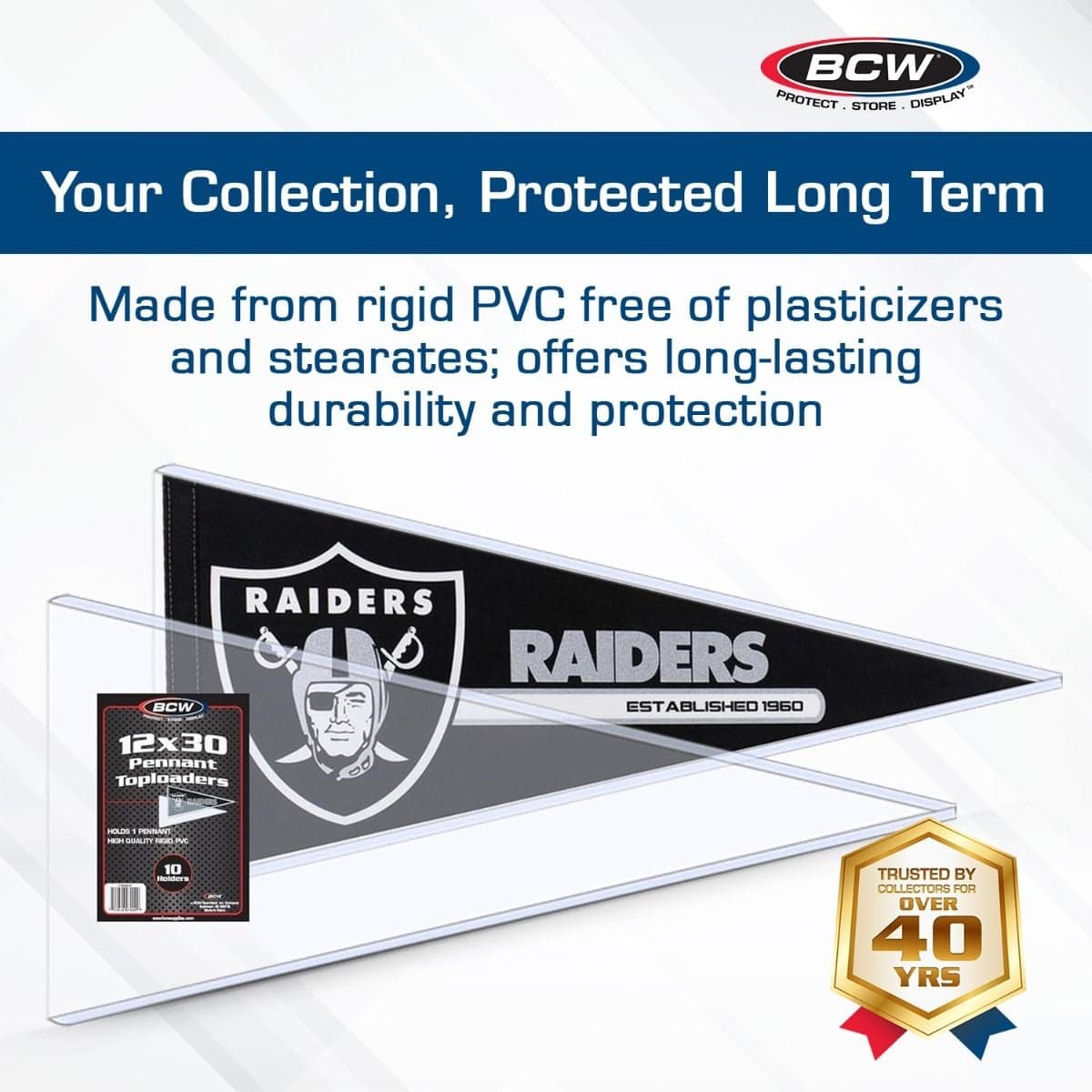 Infographic: Your Collection, Protected Long Term. Made from rigid PVC free of plasticizers and stearates; offered long-lasting durability and protection.