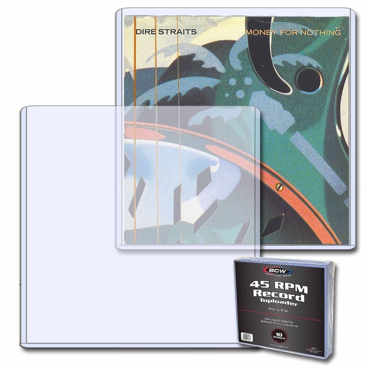 Package of BCW 45 RPM Record Topload Holders in front of two 45 RPM Record Topload Holders