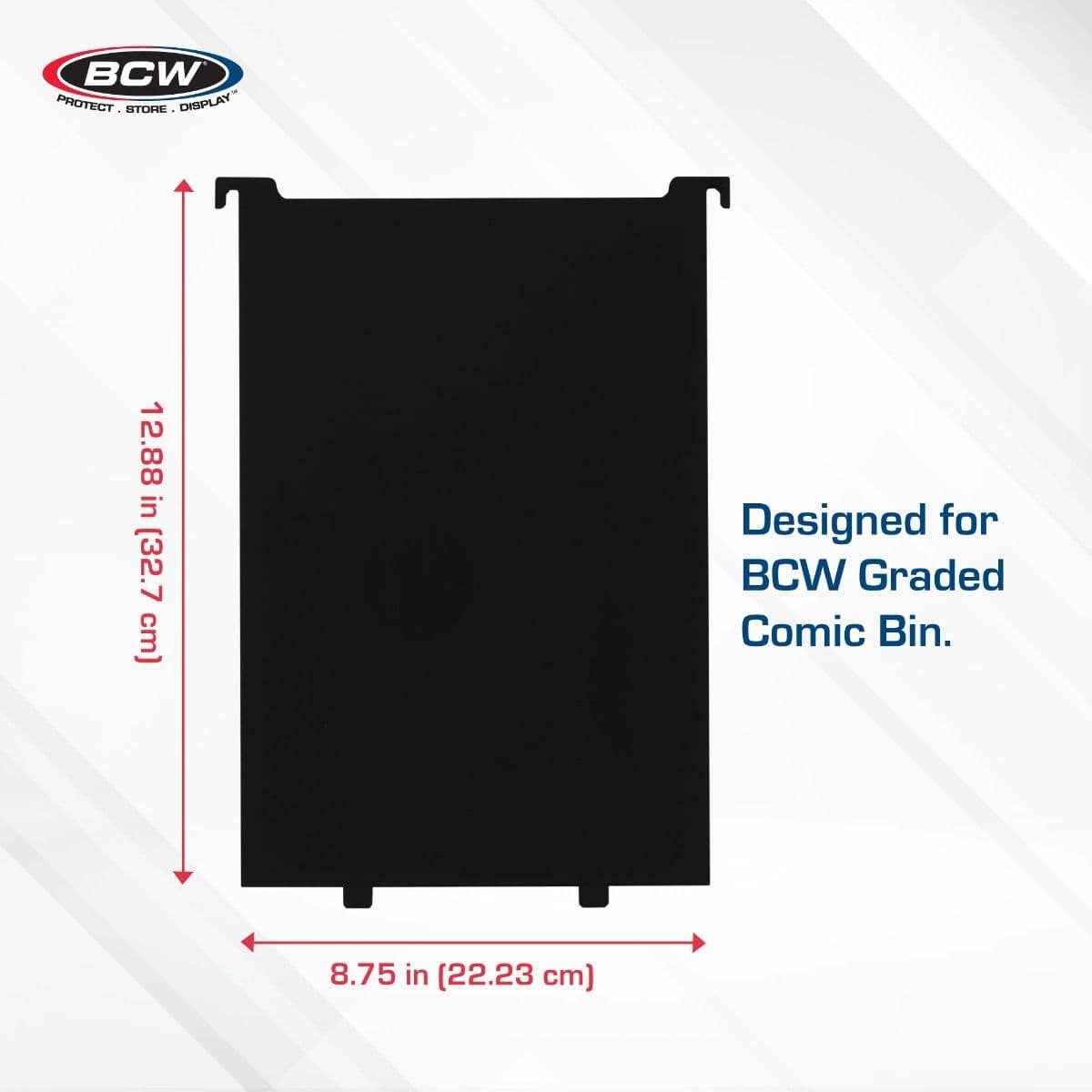BCW Graded Comic Book Bin Partitions - Black infographic, specs and measurements. Designed for BCW Graded Comic Bin.