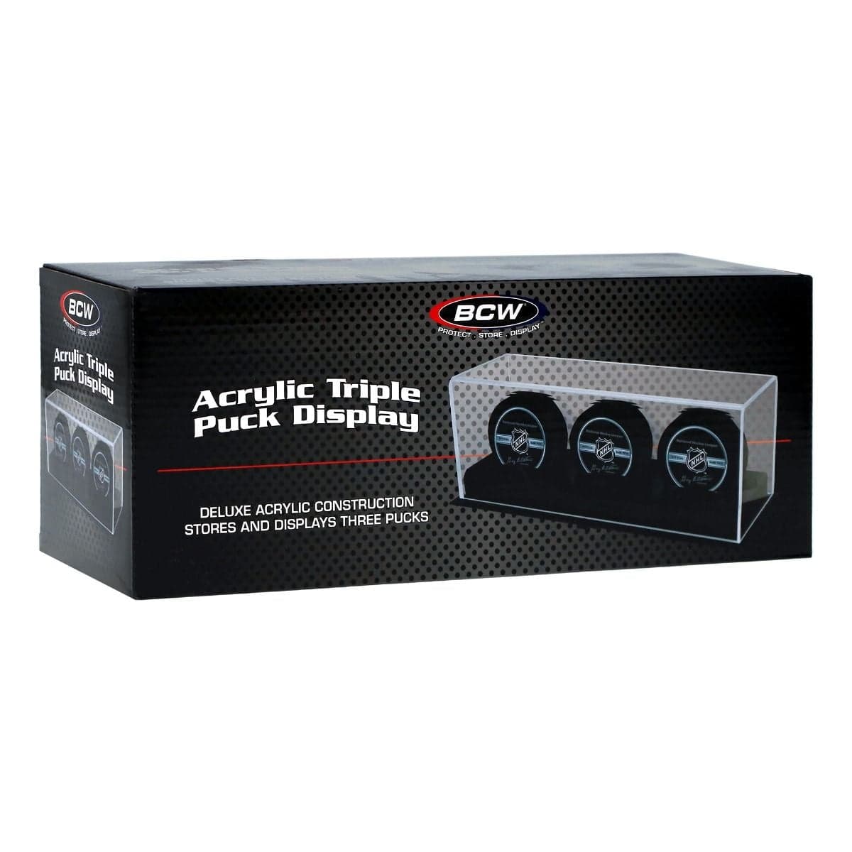 BCW Acrylic Triple Hockey Puck Display packaging angle